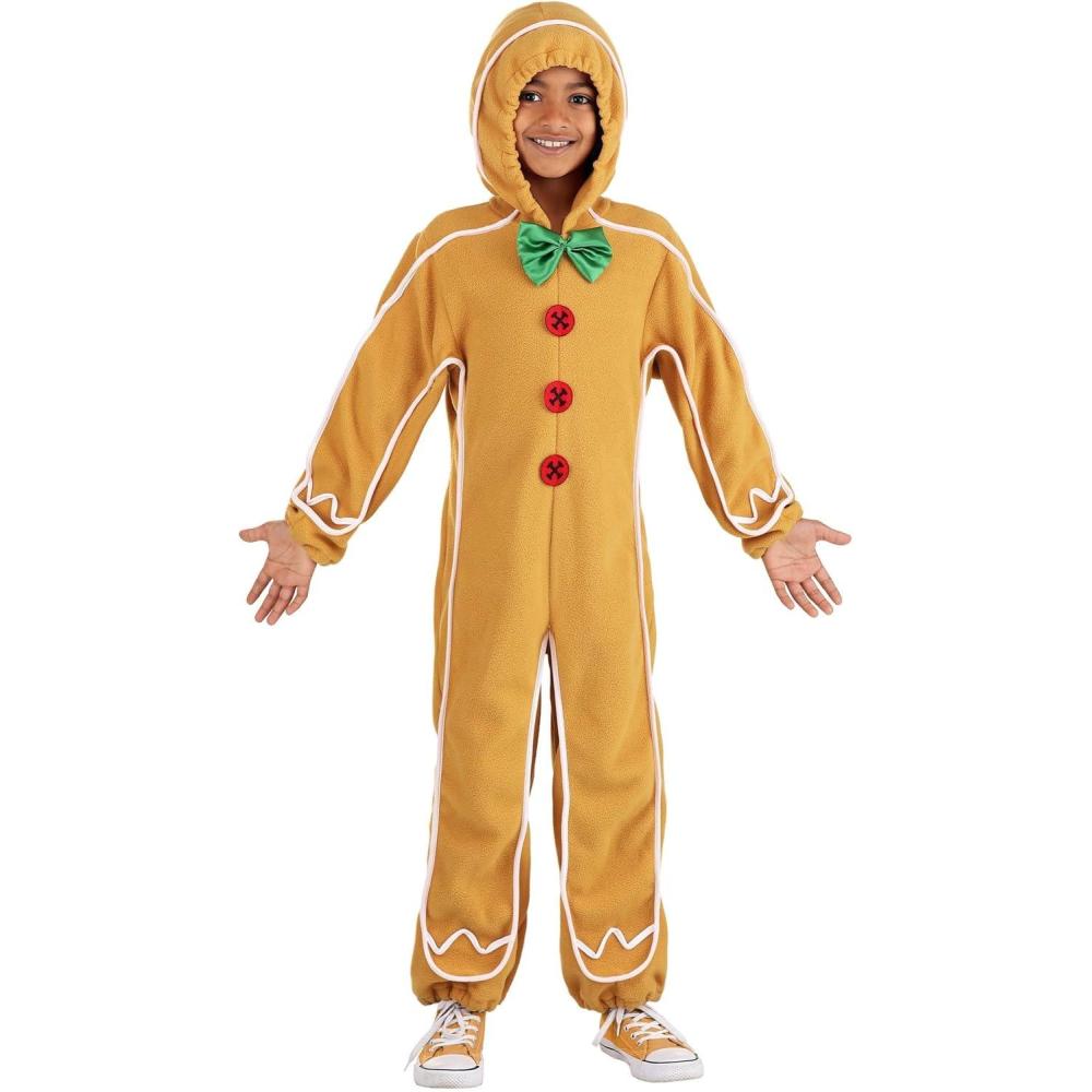 imageGingerbread Man Kids Costume Hooded Onesie with Felt Buttons Green Bowtie ampamp Elastic CuffsBrown