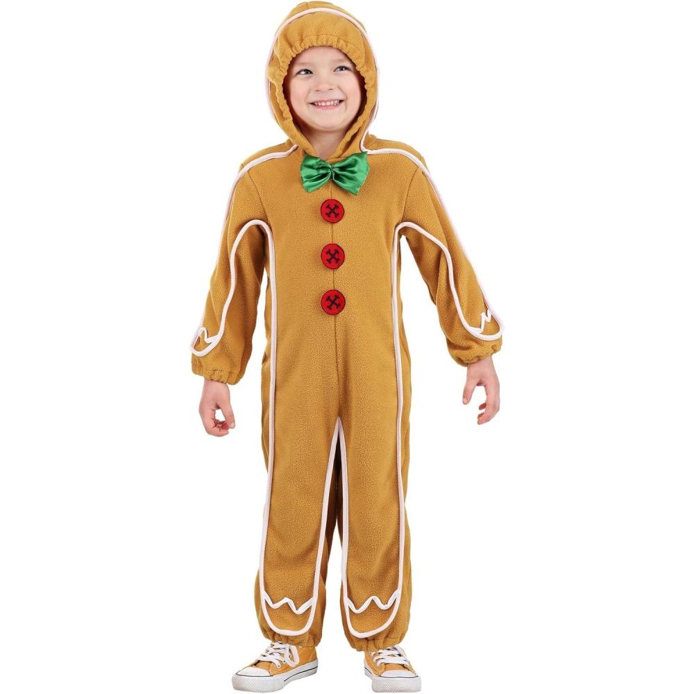 imageToddler Gingerbread Man Costume  Cozy Hooded Holiday Jumpsuit Satin Bow Red ButtonsMulticolor