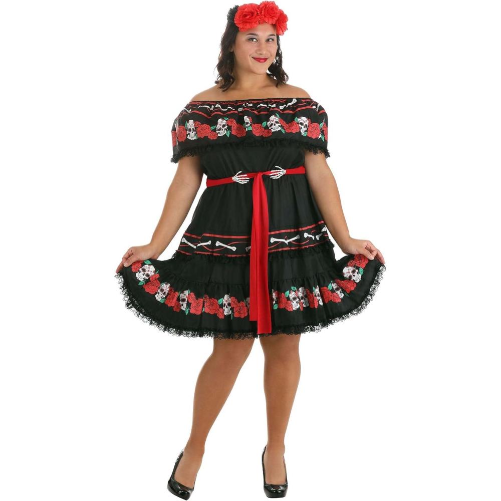 imageWomens Day of the Dead Sugar Skull Costume Dress Belt Headpiece