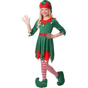 Fun Costumes Girl’s Christmas Elf Costume with Hat, Belt, and Shoe Covers – Santa’s Helper Dress for Holiday Festivities(Costume)