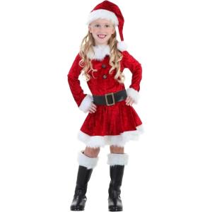 Toddler Mrs. Claus Costume – Velvet Dress with White Faux Fur Collar, Hat, Decorative Buttons, and Adjustable Belt