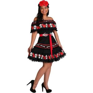 Womens Sugar Skull Costume Day of the Dead Calavera Halloween Party Dress with Headpiece