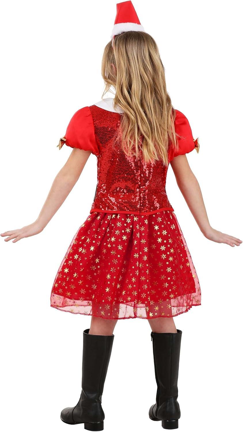 imageGirls Christmas Santa Costume Dress Festive Holiday Outfit Sequin Details Snowflake Skirt Santa Hat