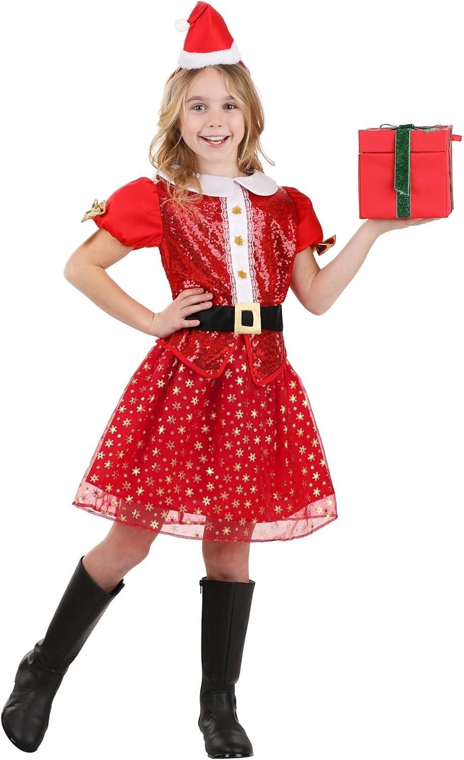 imageGirls Christmas Santa Costume Dress Festive Holiday Outfit Sequin Details Snowflake Skirt Santa Hat