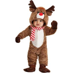 Infant Reindeer Plush Christmas Costume | Soft Hooded Holiday Jumpsuit, Antlers, Red Nose, Tail, Booties