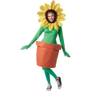 Adult Potted Flower Costume | Halloween Plant In A Pot Tunic With Attached Leaf Mitts, Includes Felt Petal Hood