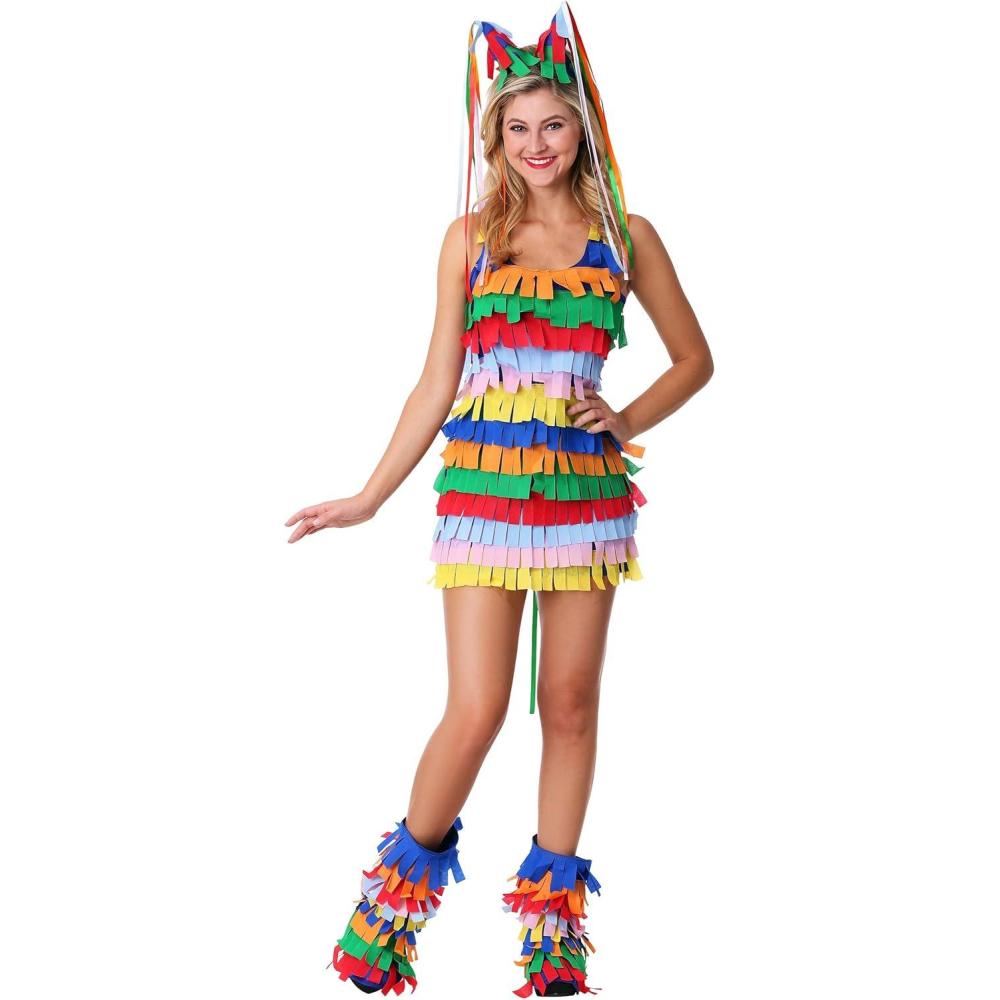 imagePinata Costume For Women Multicolor Fringed Dress with Horned Headband and Boot Covers Halloween OutfitPinata Costume