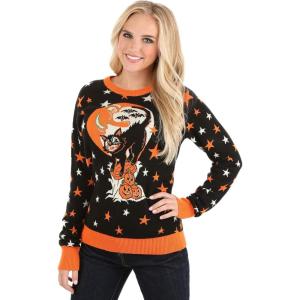 Adult Vintage Halloween Cat Halloween Sweater, Soft Acrylic & Cotton Blend, Knitted Graphics(Vintage Halloween Cat Black)
