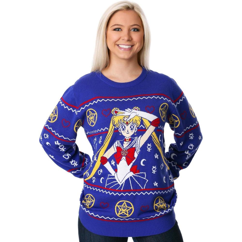 imageFUNCOM Adult Sailor Moon Ugly Christmas Sweater Japanese Anime Holiday Xmas Crewneck Festive Christmas SweatersBlue