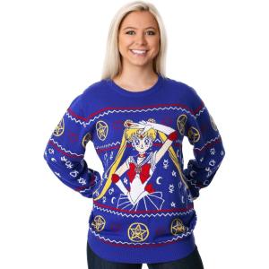 FUN.COM Adult Sailor Moon Ugly Christmas Sweater, Japanese Anime Holiday Xmas Crewneck, Festive Christmas Sweaters(Blue)