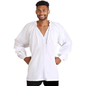 Fun Costumes White Renaissance Peasant Shirt for Adults – 100% Cotton with Gathered Neckline and Cuffs(White)