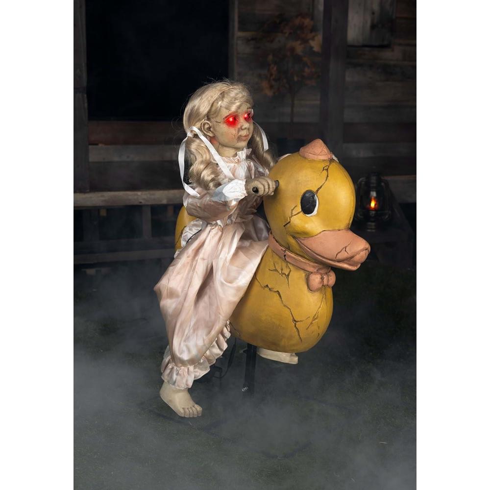 imageFun Costumes Rocking Duck Doll Animatronic Halloween Decoration Creepy Vintage Doll with Red Eyes and Music Display