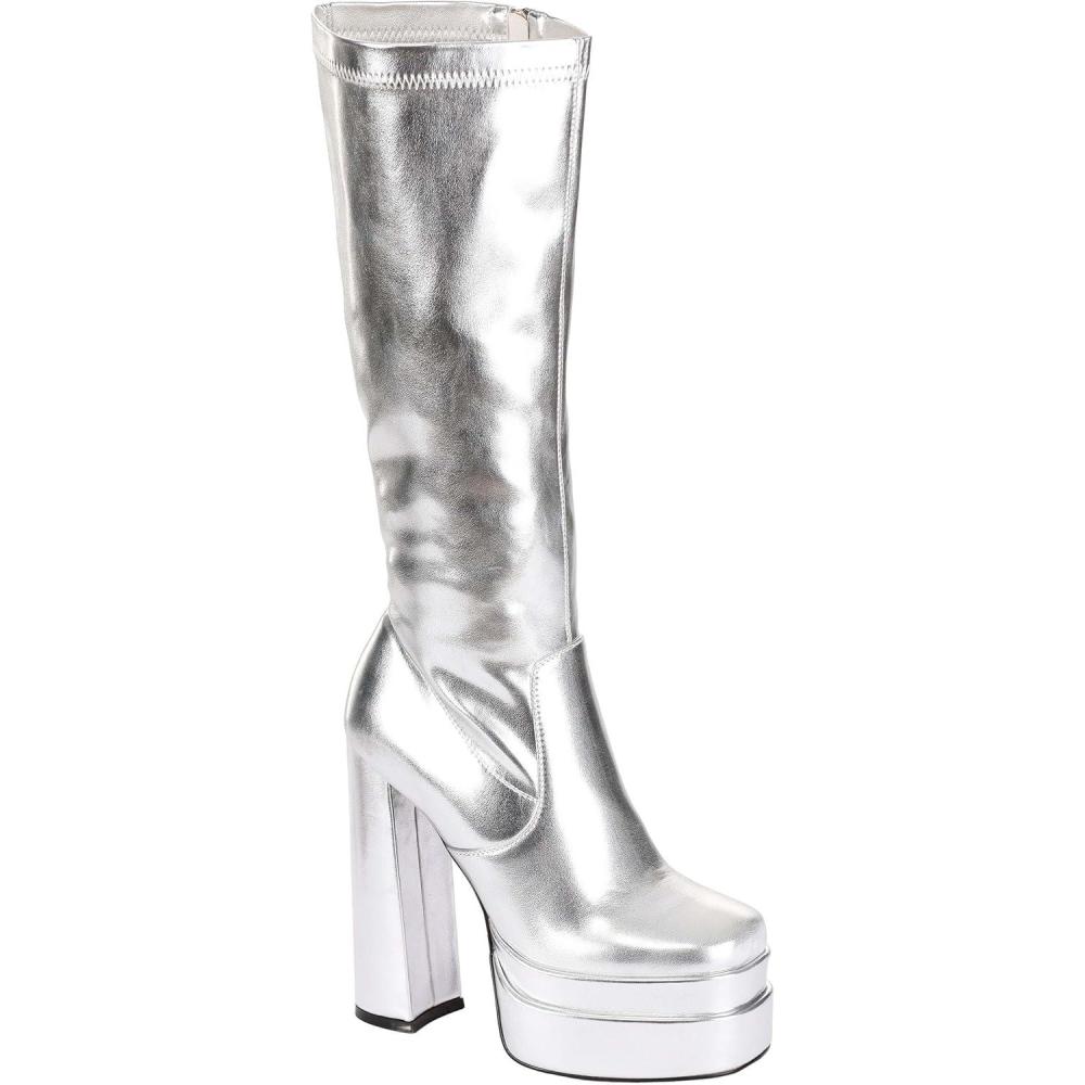 imageFun Costumes GoGo Boots for Women Platform Knee High Boots Chunky Heels Mid Calf Go Go Boots Size 7Silver