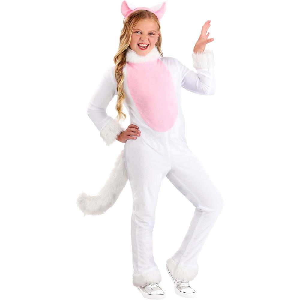 imageKids Big Tailed White Cat Costume with Plush Jumpsuit ampamp Headband for Halloween ampamp DressUp Play