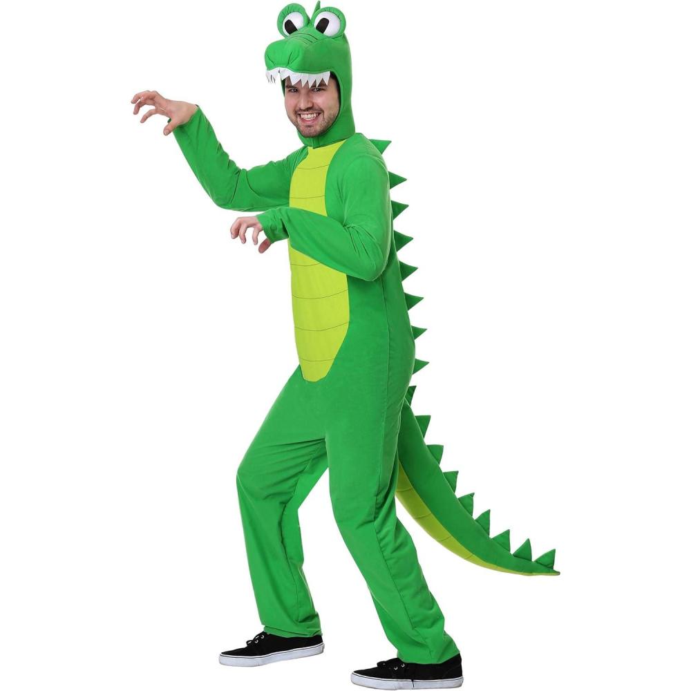 imageMens Goofy Gator Costume Friendly Alligator Jumpsuit with Stuffed Tail and A Headpiece with SoftSculpted Eyes and SnoutGoofy Gator Costume