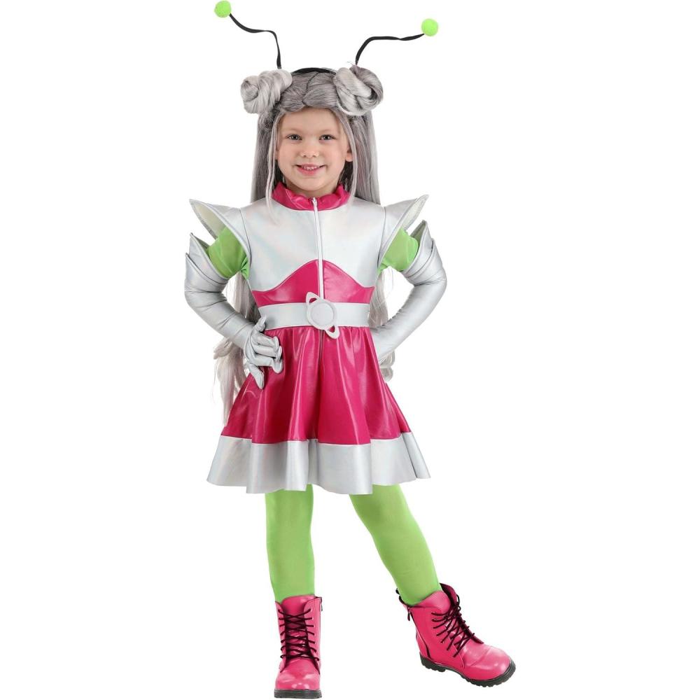 imageToddler Outer Space Cutie Costume with Galactic Queen Design  Pink Lime Silver Dress Alien Gloves Antenna Headband