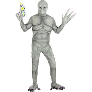Adult Alien Costume | Men’s Roswell Alien Jumpsuit with Grey Extraterrestrial Mask, Gloves & Shoe Covers for Humans