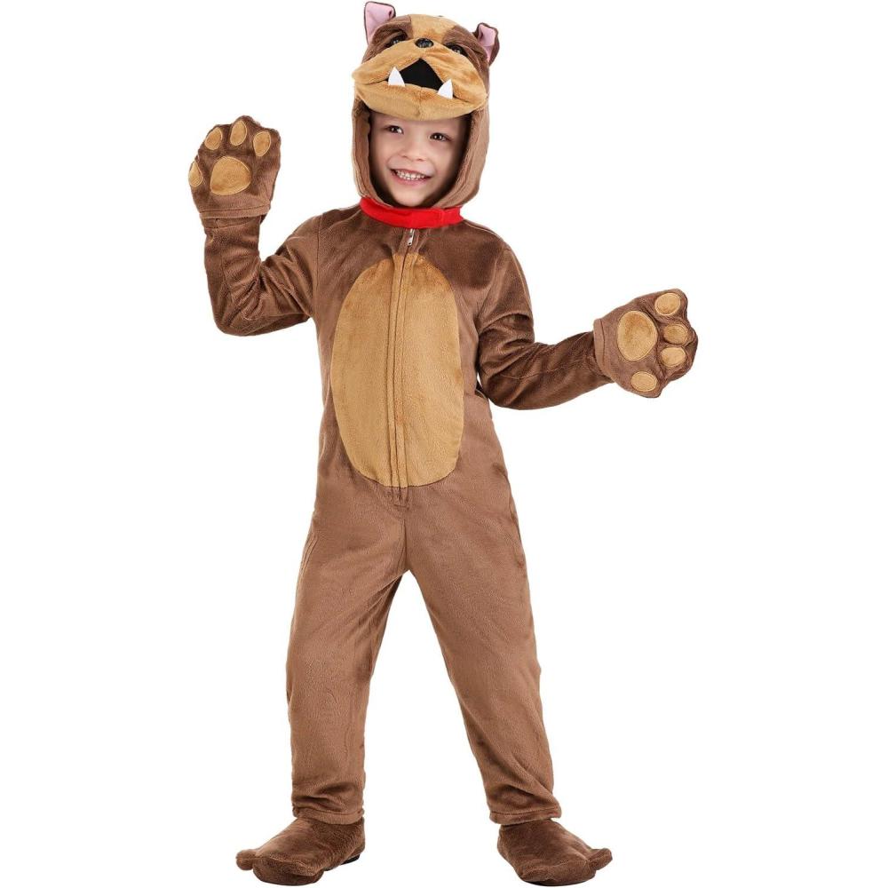 imageFun Costumes Toddlers Bulldog Costume  Kids Brown Bulldog Hooded Jumpsuit with Attached Mitts ampamp Shoe Covers  2T  Brown