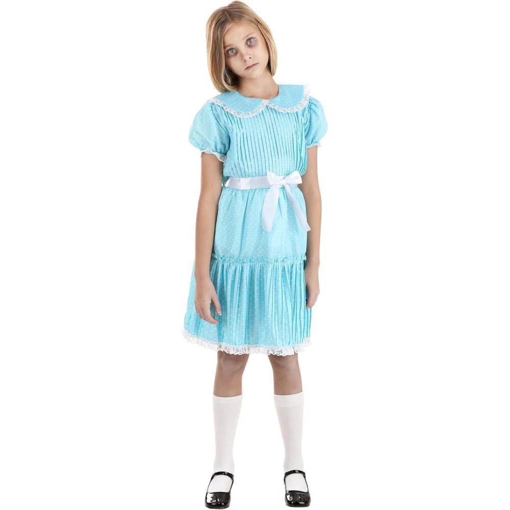 imageFun Costumes Deluxe Grady Twins Costume Dress for Girls Creepy Twins Sisters Blue Lolita Dress Scary Movie Cosplay Outfit