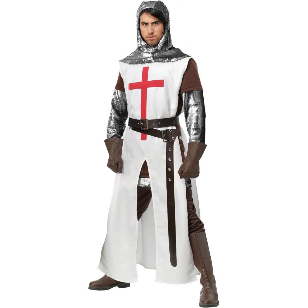 imageMens Crusader Costume  Tunic Tabard Hood Belts Gloves with Faux Chainmail Look