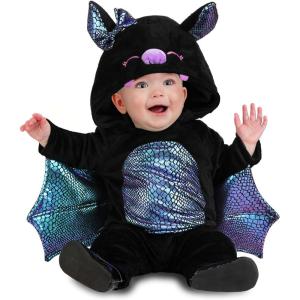 Infant Shiny Bat Costume | Baby Halloween Hooded Jumpsuit with Wings and Hairbow Detail for Animal Dress Up