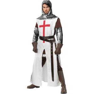 Men’s Crusader Costume – Tunic, Tabard, Hood, Belts, Gloves with Faux Chainmail Look