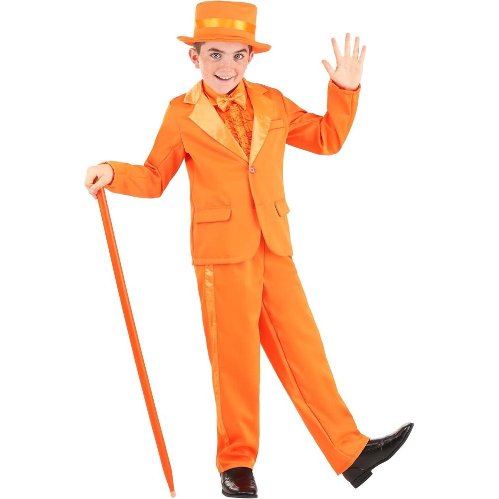 image:imageBoys Orange Tuxedo Halloween Costume  Complete Suit with Jacket Pants Shirt Front Bow Tie and Hat for a Fun Dapper LookBundle W Orange Cane