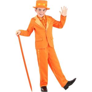 Boys Orange Tuxedo Halloween Costume | Complete Suit with Jacket, Pants, Shirt Front, Bow Tie, and Hat for a Fun, Dapper Look(Bundle W/ Orange Cane)