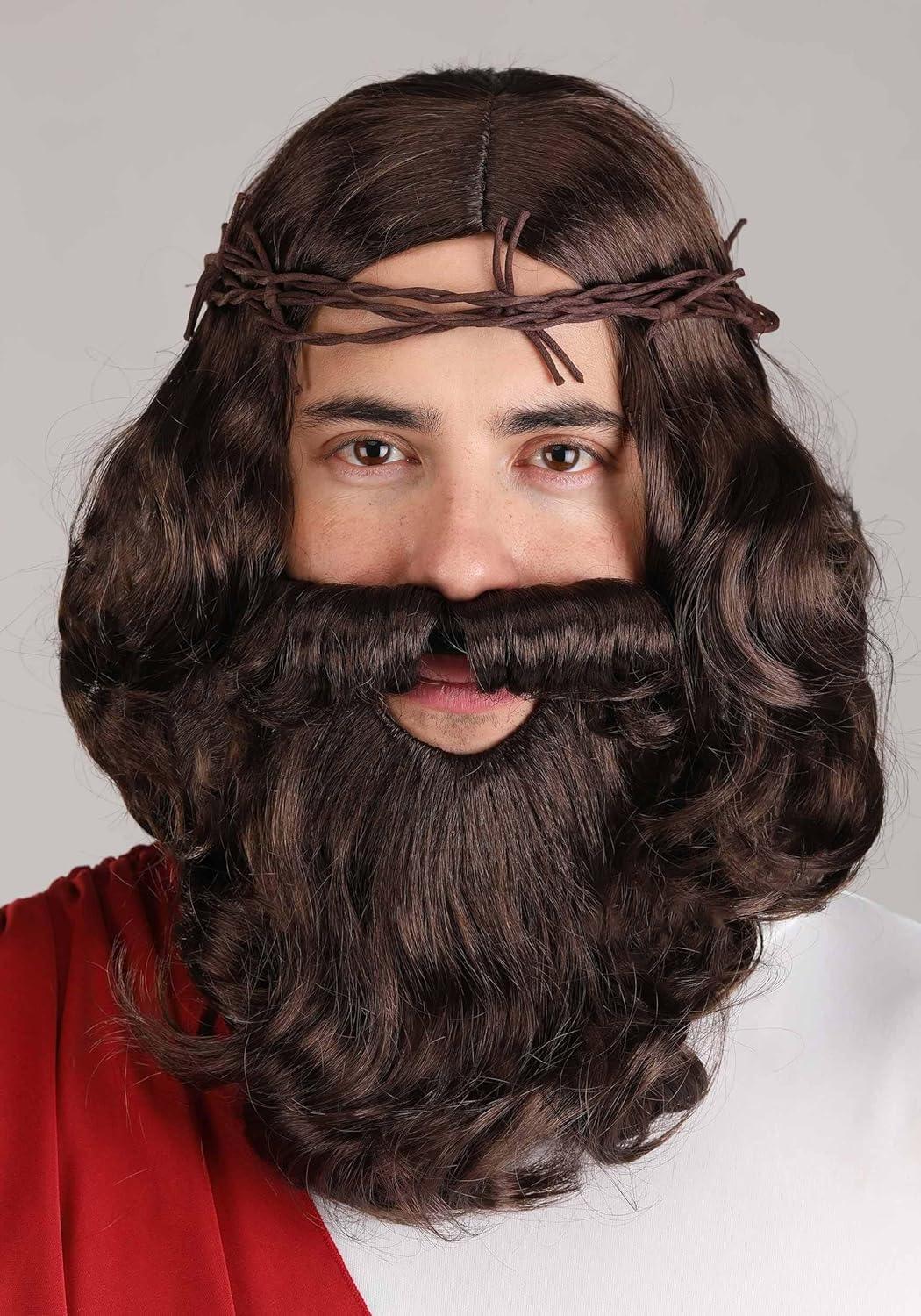 image:imageAdult Deluxe Jesus Costume Mens Classic Christ Outfit wRobe Attached Sash Full Beard Wig Cord Crown of Thorns