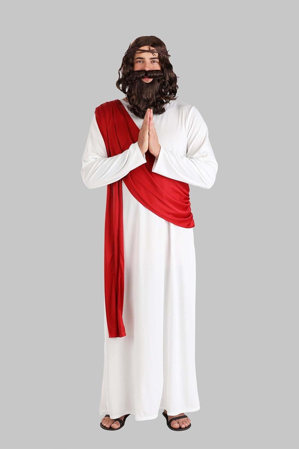 image:imageAdult Deluxe Jesus Costume Mens Classic Christ Outfit wRobe Attached Sash Full Beard Wig Cord Crown of Thorns