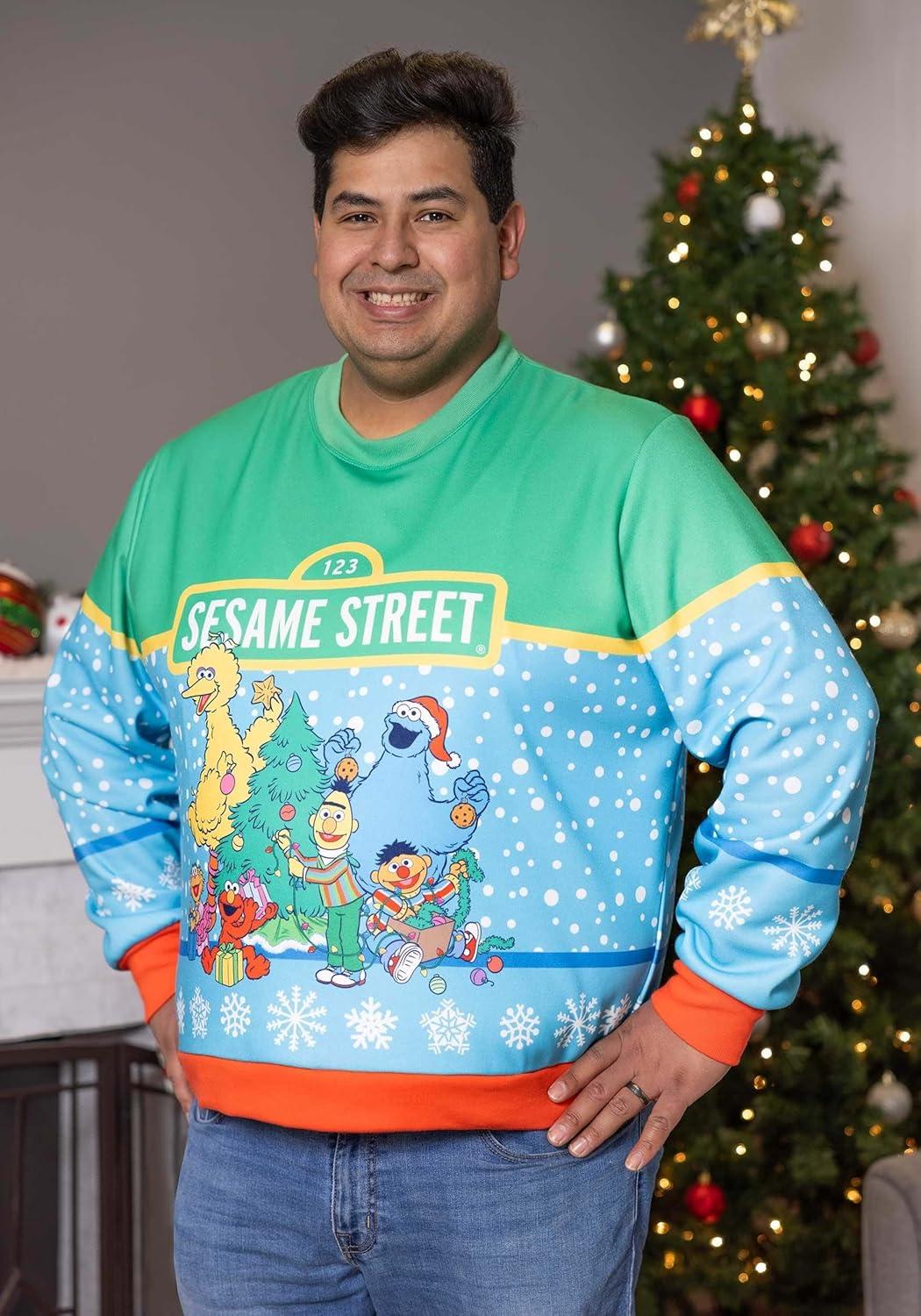 image:imageAdult Sesame Street Christmas Sweatshirt with AllOver Printed GraphicsBlue