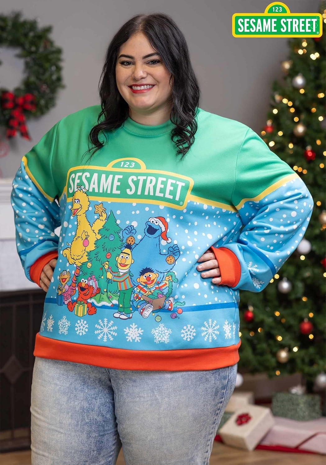 image:imageAdult Sesame Street Christmas Sweatshirt with AllOver Printed GraphicsBlue