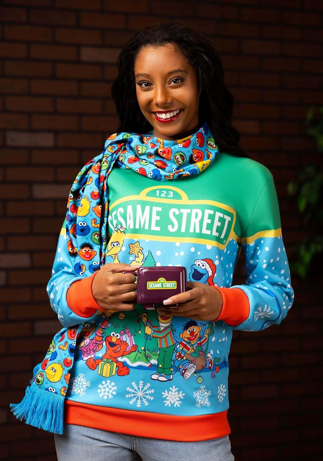 image:imageAdult Sesame Street Christmas Sweatshirt with AllOver Printed GraphicsBlue