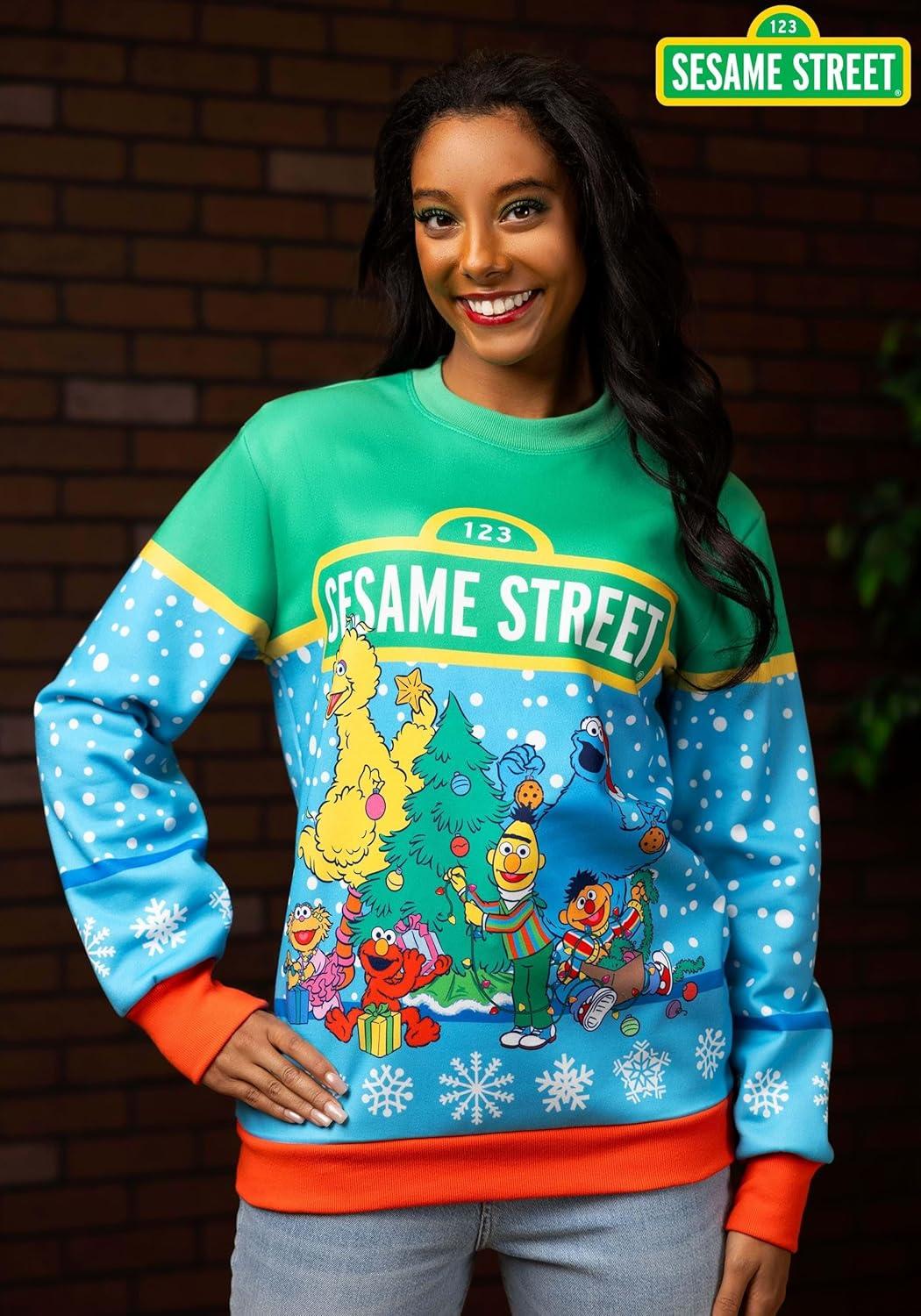 image:imageAdult Sesame Street Christmas Sweatshirt with AllOver Printed GraphicsBlue