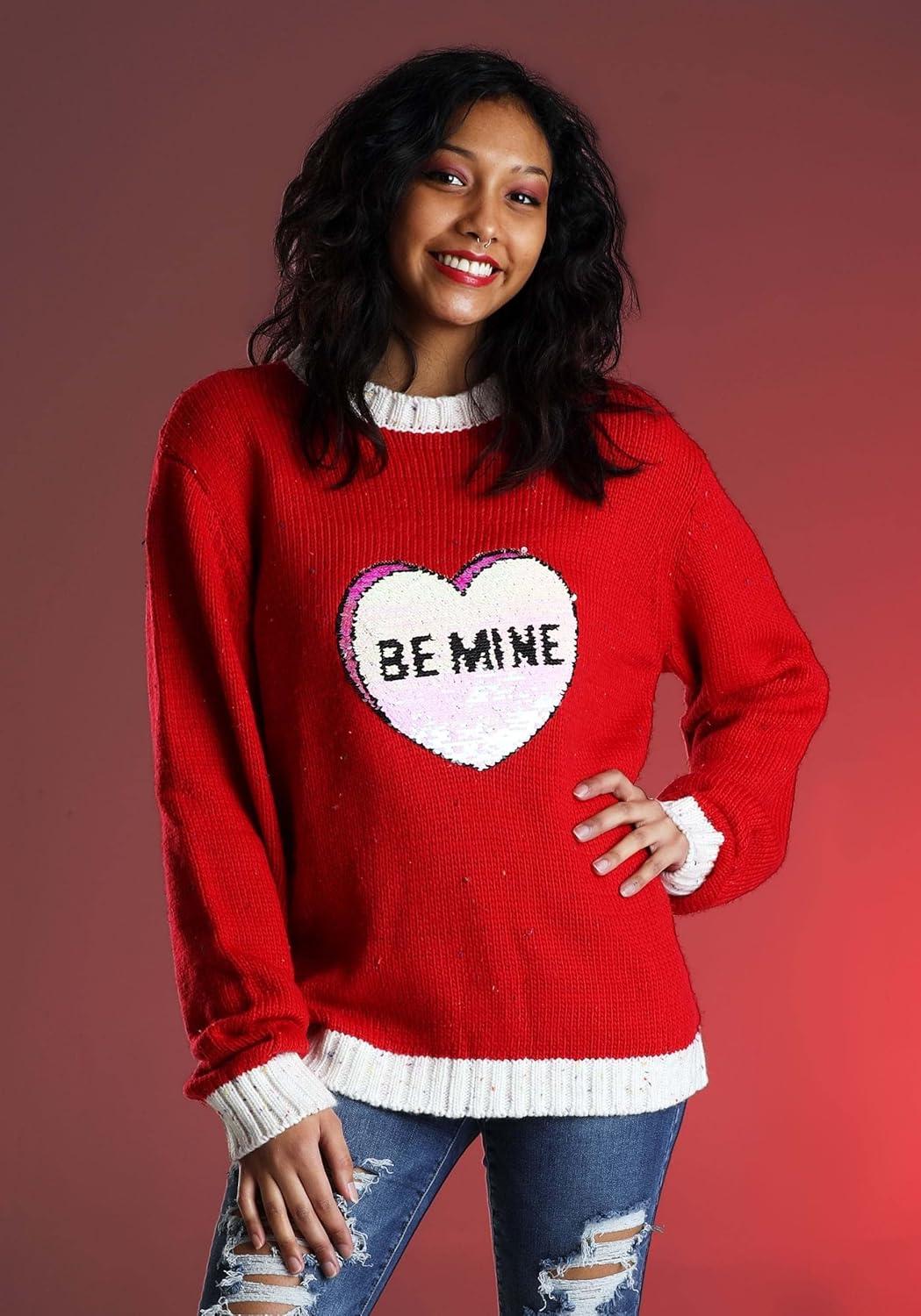 image:imageFun Costumes Be Mine Candy Hearts Valentines Day Sweater for Adults Womens Soft amp Cute VDay Holiday Crewneck Sweaters XS Red