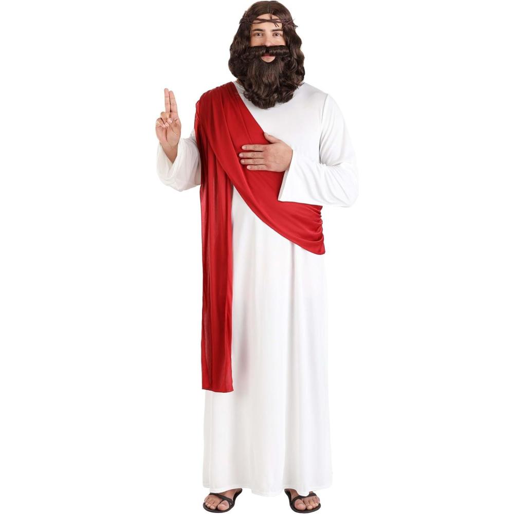 image:imageAdult Deluxe Jesus Costume Mens Classic Christ Outfit wRobe Attached Sash Full Beard Wig Cord Crown of Thorns