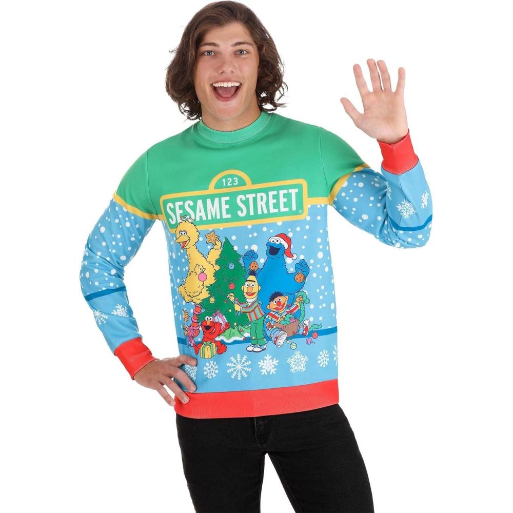 image:imageAdult Sesame Street Christmas Sweatshirt with AllOver Printed GraphicsBlue