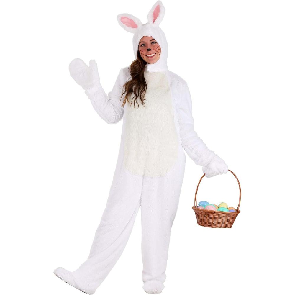 image:imageAdult White Bunny Rabbit Costume for Women and Men Open Face Hooded Jumpsuit with Ears Mitts Shoe CoversWhite Bunny Rabbit Costume