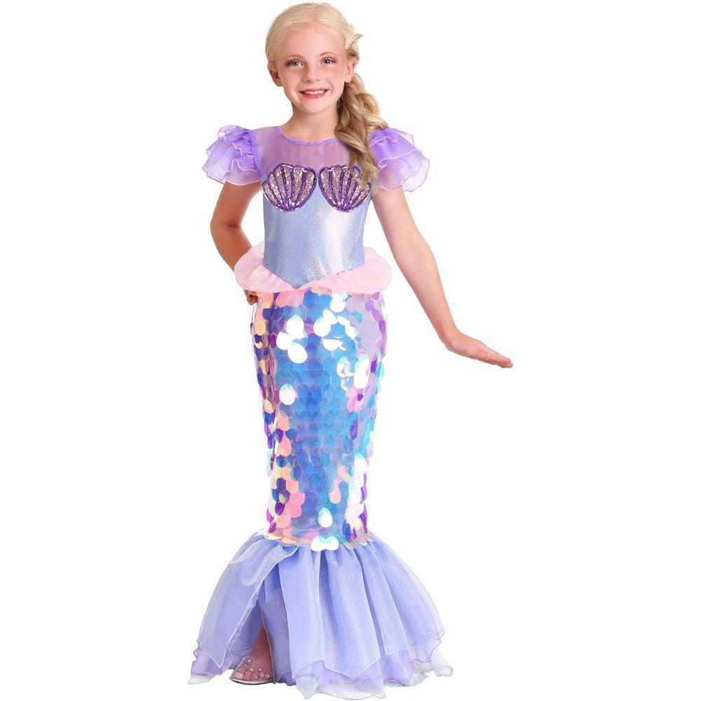 image:imageGirls Pink Mermaid Costume Short Ruffle Sleeve Dress with Sequin Tail  Ocean Princess Sparkling Dress Up Outfit