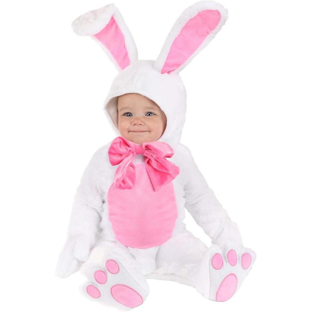 image:imageInfant White Bunny Costume for Babies  Soft Easter Rabbit Outfit with Hood Ears and Pink BowWhite  Pink