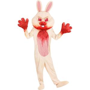 Adult Scary Easter Bunny Costume | Halloween Horror Rabbit Mascot Suit, With Jumpsuit, Mitts, Mask, Shoe Covers