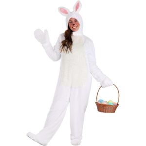 Adult White Bunny Rabbit Costume for Women and Men, Open Face Hooded Jumpsuit with Ears, Mitts, Shoe Covers(White Bunny Rabbit Costume)