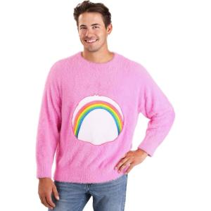 Care Bears Cheer Bear Sweater for Adults – Pink Fuzzy Pullover with Rainbow Belly Badge – Officially Licensed