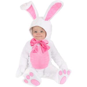 Infant White Bunny Costume for Babies | Soft Easter Rabbit Outfit with Hood, Ears, and Pink Bow(White & Pink)