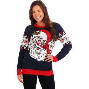 Vintage Santa Christmas Sweater Rib Knit Band, Cuffs, Waistband All-Over Knitted Santas(Multi-colored)