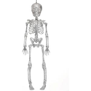 Fun Costumes 16″ Sparkling Glitter Silver Posable Hanging Skeleton Outdoor & Indoor Decoration, Graveyard Haunted House Halloween Parties Display(Standard)