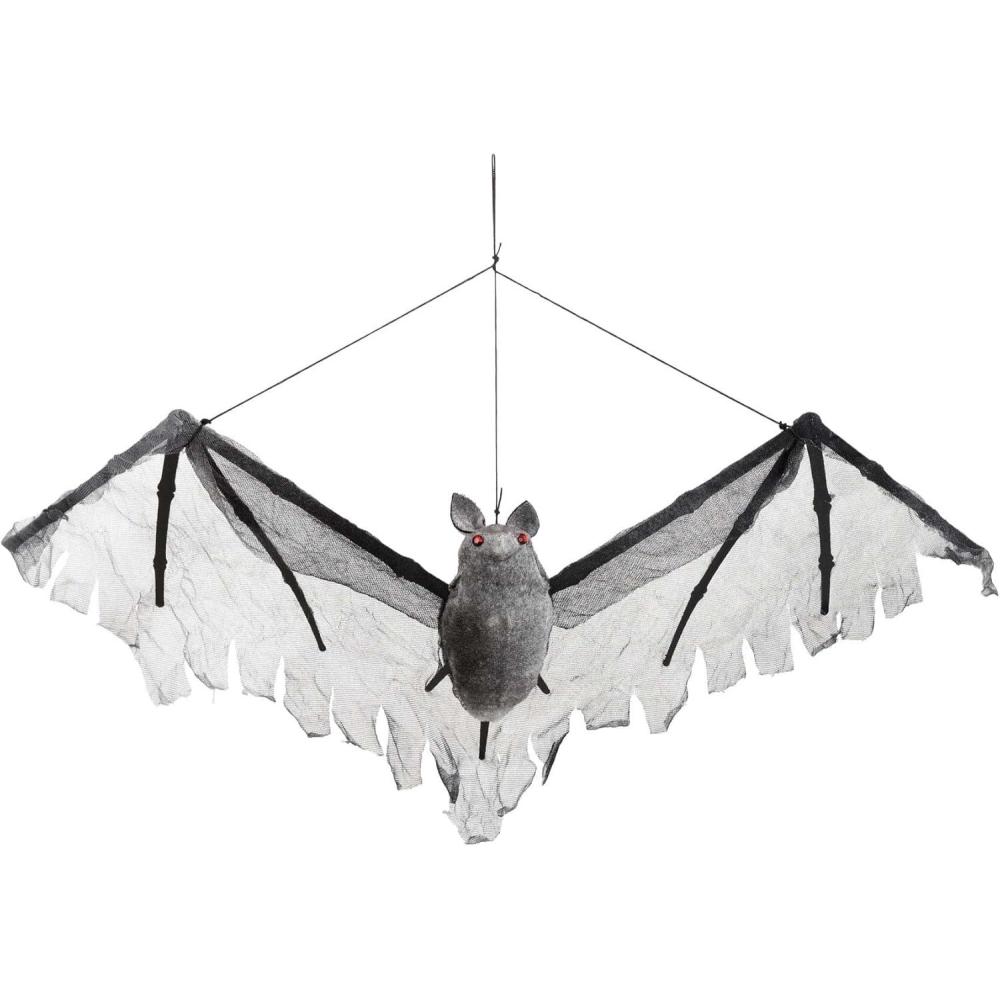 image:imageFun Costumes 19Inch Hanging Gray Bat Halloween Decoration with Foam Body and Tattered Mesh Wings for Spooky Indoor ScenesGrey