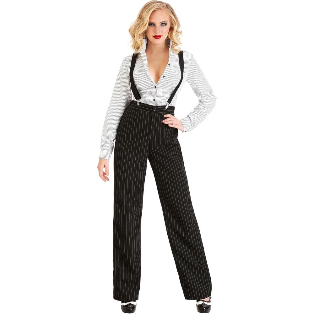 image:imageAdult Gangster Lady Costume Womens Mobster Halloween Outfit Black and White 1920s Speakeasy Costume Roaring 20s Attire