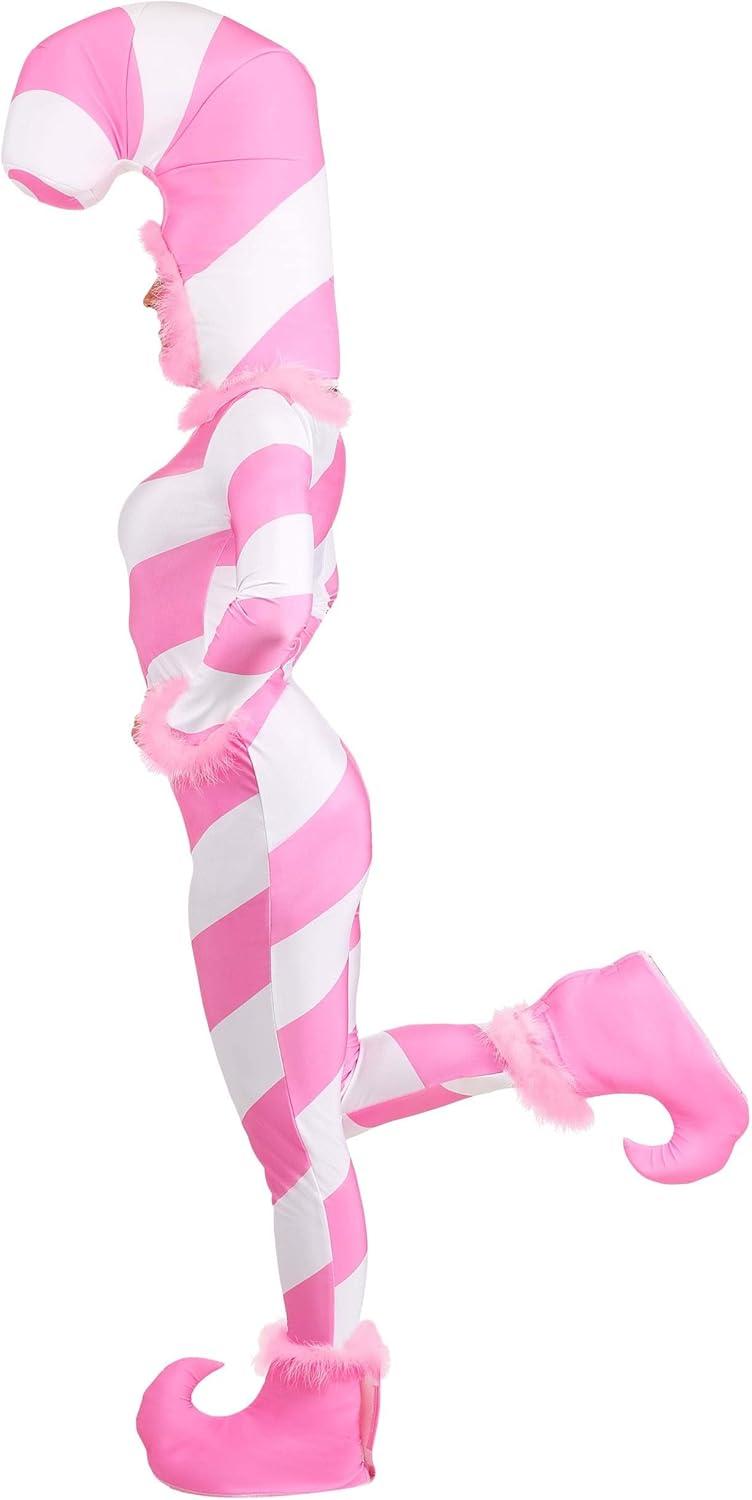 image:imageFun Costumes Pink Candy Cane Costume for Women Stretch Jumpsuit wHeadpiece Back Zipper amp Elastic Foam Boot Covers