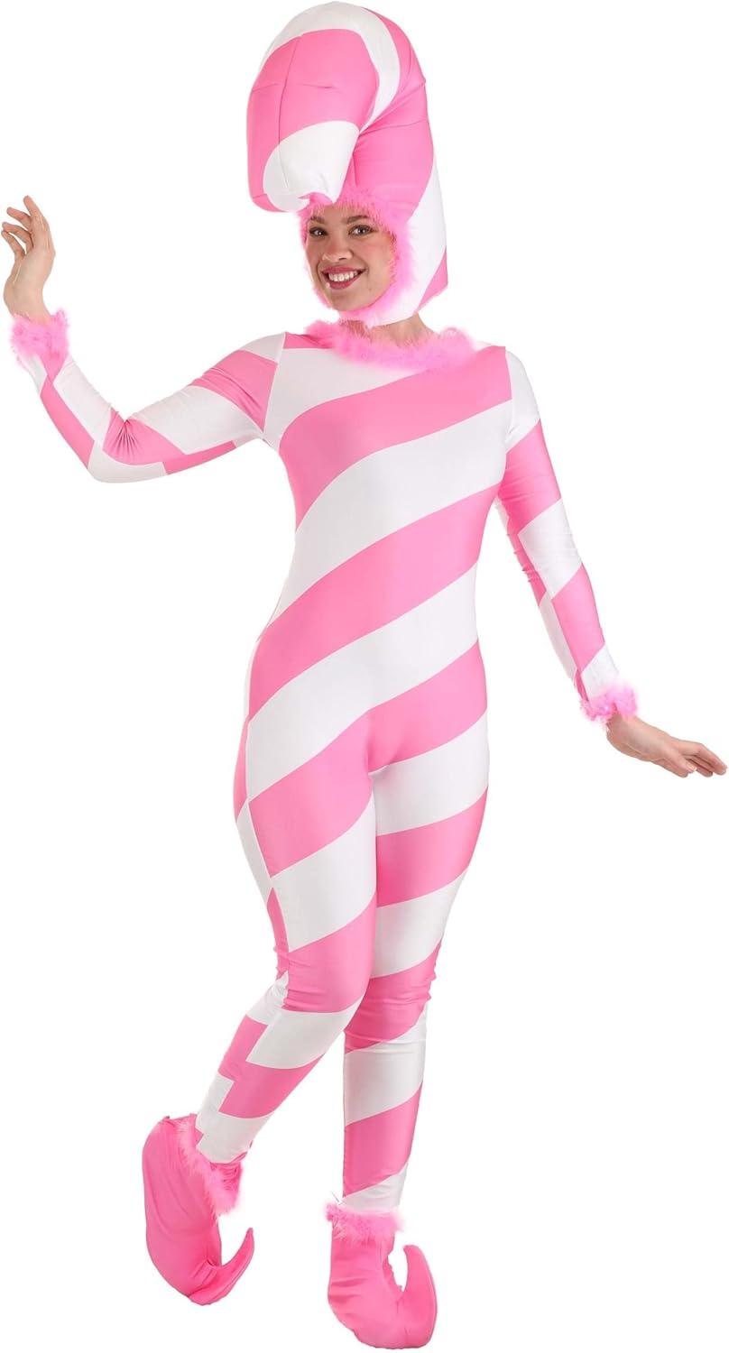 image:imageFun Costumes Pink Candy Cane Costume for Women Stretch Jumpsuit wHeadpiece Back Zipper amp Elastic Foam Boot Covers